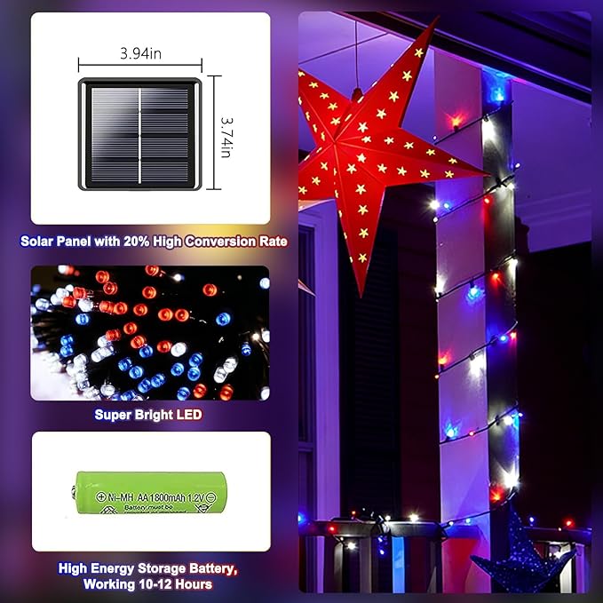 2 Pack 480 LED Solar String Lights for Outside, 170 FT Solar Powered Outdoor Waterproof Twinkle Lights, Solar Tree Light for 4th of July Indenpance Day USA 250th Anniversary Decor (Red White and Blue)