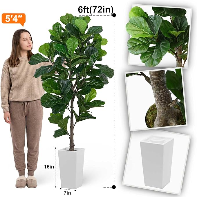 Aveyas 6ft Artificial Fiddle Leaf Fig Tree for Home Decor, 6 Feet Large Faux Plant Fake Ficus lyrata Silk Trees with Pot for Indoor Outdoor House Living Room Office (6 ft Tall Including Raised Pot)