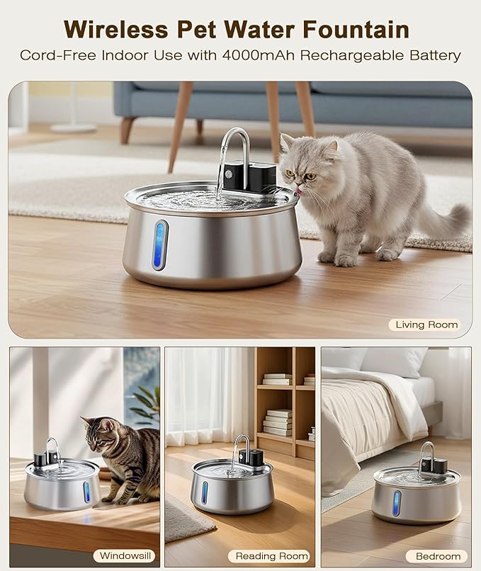 CEESC Cordless Cat Water Fountain Stainless Steel, 4L/135oz Automatic Pet Water Dispenser with Motion Sensor, Multi-Filtration, Ultra Quiet Pump, Long-Lasting 4000mAh Battery for Indoor Cats & Dogs