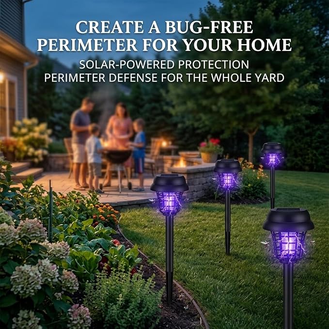 2026 4Pack Mosquito Repellent Outdoor Patio,Solar Bug Zapper Outdoor Mosquito Zapper for Moths,Gnats,Flies,Small Flying Insect,Gnat Killer for Vegetable Beds,Electric Fly Zapper for Backyard,Garden
