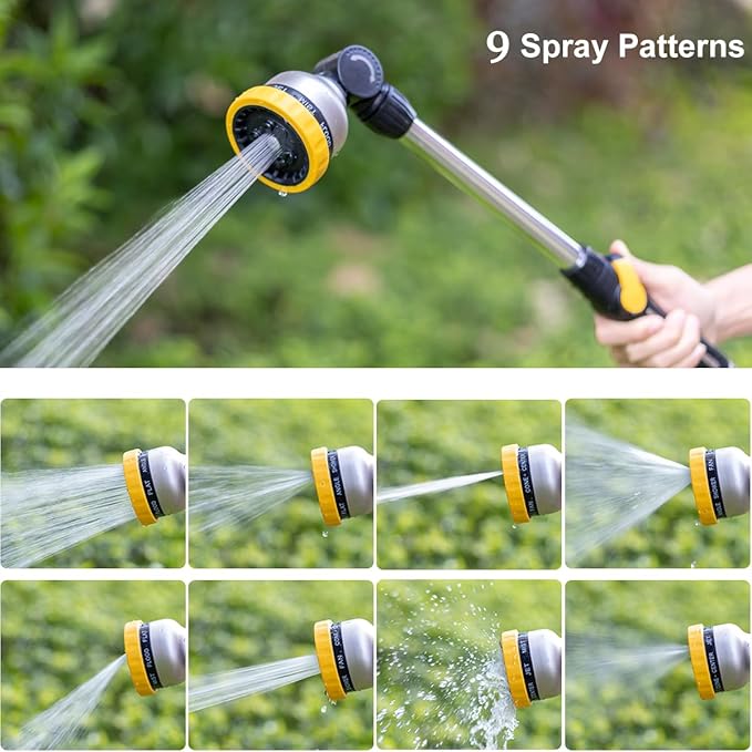 FANHAO 16-Inch Metal Watering Wand, Heavy Duty Garden Hose Wand with 9 Spray Patterns, 180° Rotating Long Hose Nozzle Sprayer Thumb Flow Control, Ideal to Water Hanging Baskets and Shrubs - Yellow