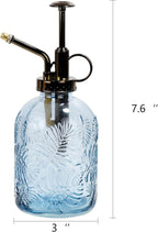 11.8 Ounce Glass Plant Spray Bottle, Glass Leaf Print One Handed Watering Can with Antique Brass Plastic One Handed Top Pump, 7.6 Inch Tall Indoor and Outdoor Plant Small Spray Bottle (Blue)