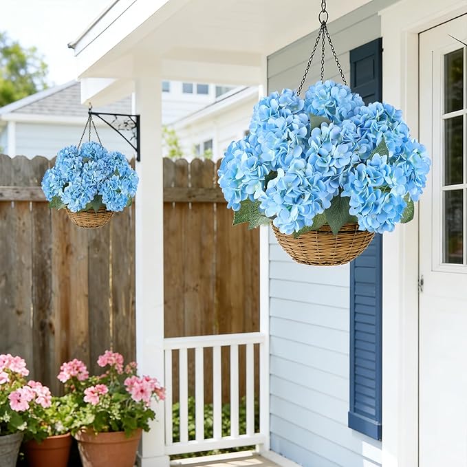 AGIRL 3 Bundles Blue Artificial Hydrangea Flowers for Outdoors, UV Resistant Lifelike Faux Flowers for Spring Indoor Outdoor Garden Patio Porch Balcony Home Decor Wedding Party Centerpieces