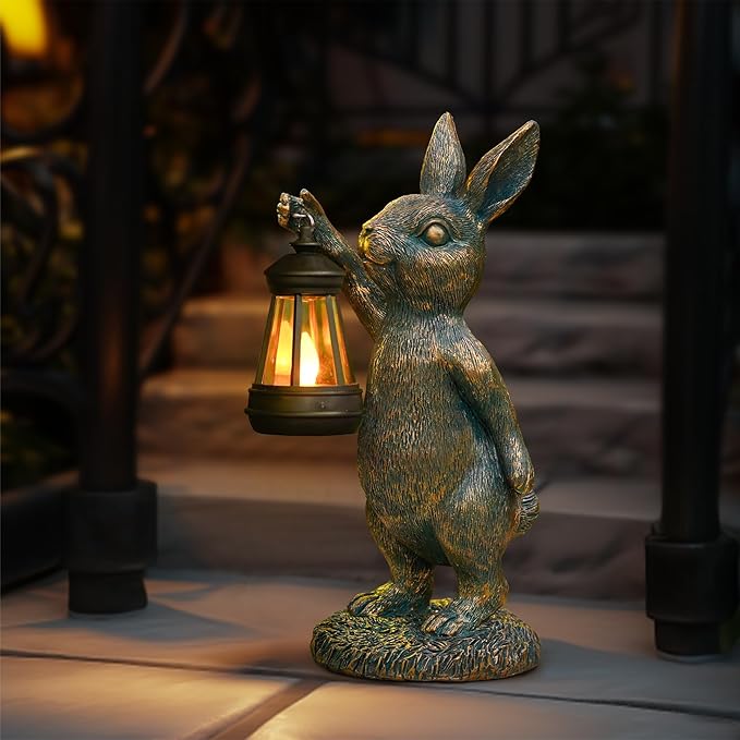 Rabbit Garden Statues with Solar Lantern Bunny Outdoor Resin Sculpture for Patio Yard Lawn Decorations Gifts for Mother’s Day Housewarming Easter