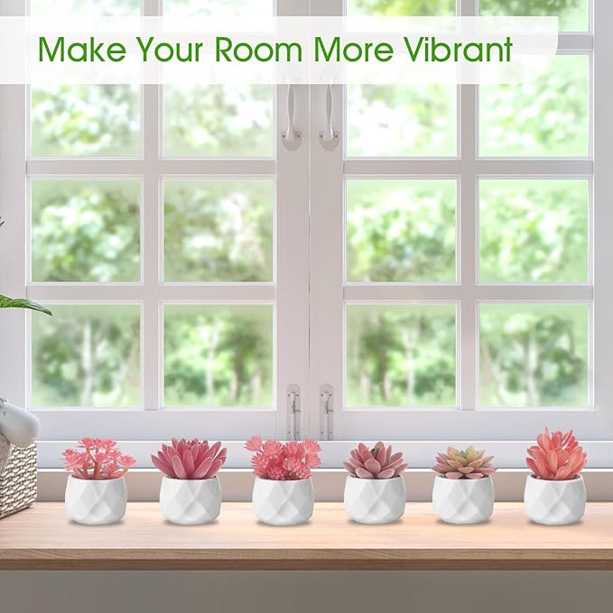 ZINHO Fake Succulent Plant Set 6 PCS Artificial Succulent Plants for Desk Realistic Faux Succulents in Plastic Pots Mini Colorful Succulent Decor for Bedroom Office Shelf Decor (Pink)