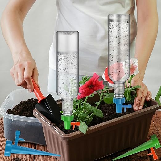 SiliFine 8 Set Plant Watering Devices with Self Watering Spikes and 26 oz Plastic Bottles Plant Waterer Devices with Adjustable Control Valve Switch Indoor Outdoor (Clear)