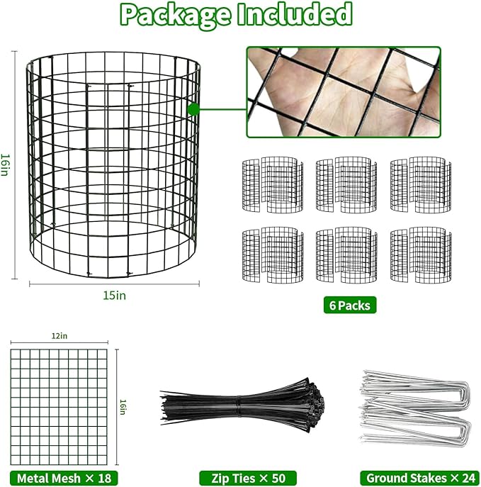 PASARA 6 Pack Plant Protectors from Animals, 13 Inch Round Cloche Plant Cages with Sturdy Chicken Wire Mesh, Garden Cages to Keep Animals Out for Vegetables & Flowers, Includes Support Stakes