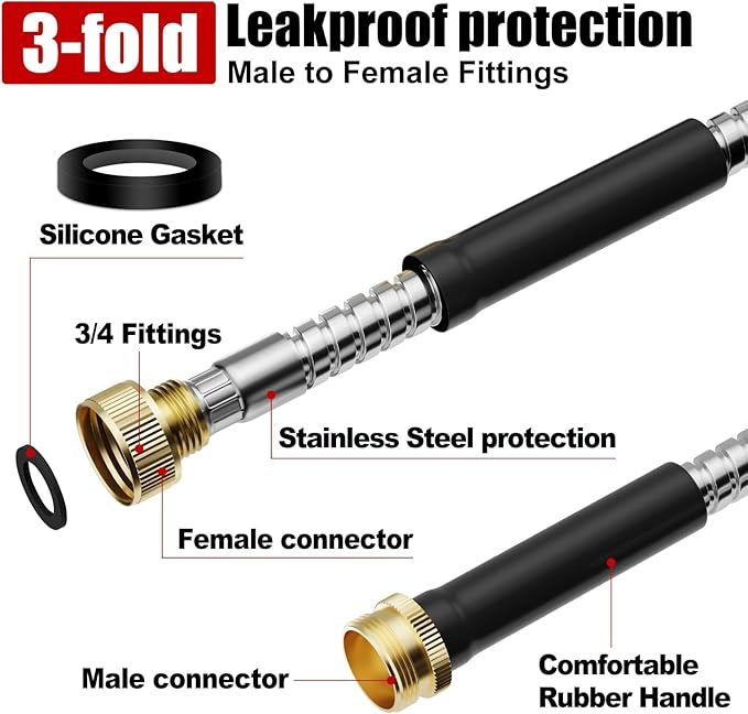 100 ft Garden Hose, Stainless Steel Metal Water Hose with Nozzle, Flexible and Durable, Rust Proof, No-Kink, Heavy Duty, Leakproof 3/4'' Brass Fittings, Lightweight Hose for Patio, Lawn