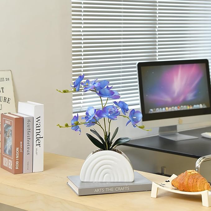 Fake Orchid Plant in White Rainbow Pot, Artificial Silk Phalaenopsis Orchid Flowers for Home Décor, Table Centerpiece, Office Desk (Blue Purple)