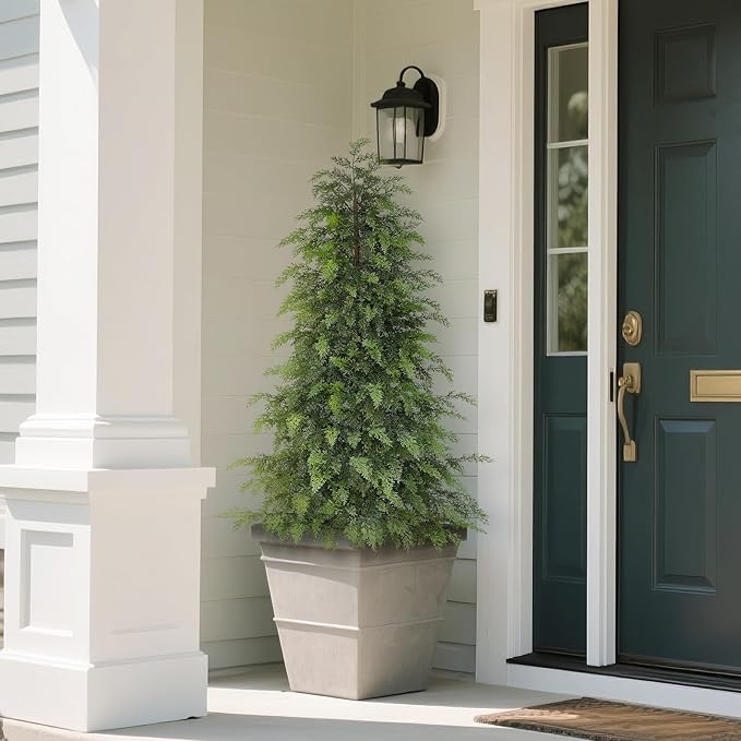 4FT Real Touch Cedar Topiary Trees for Front Porch Decor, Artificial Shrubs Faux Plants Potted UV Resistant Fake Greenery for Outdoor Indoor Door Garden Farmhouse Home Decoration (Set of 2)