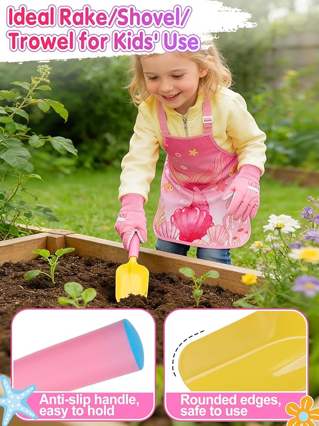 Kids Gardening Tool Set - Garden Tools for Kids with Shovel Trowel Rake Apron Gloves Watering Can and Tote Bag, Outdoor Toys Great Gifts for 3 4 5 6 7 8+ Years Old Girls (Upward Mermaid Tail)
