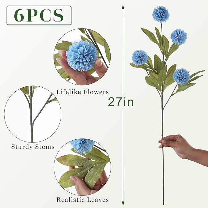 VIERENA 6 Pcs Faux Silk Pompon Mum Artificial Flowers for Vase -27", Bulk Fake Chrysanth Branches with Stems for DIY Bouquet Centerpieces Wedding Fillers Arrangements Shower Decorations (Dusty Blue)