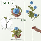 VIERENA 6 Pcs Faux Silk Pompon Mum Artificial Flowers for Vase -27", Bulk Fake Chrysanth Branches with Stems for DIY Bouquet Centerpieces Wedding Fillers Arrangements Shower Decorations (Dusty Blue)