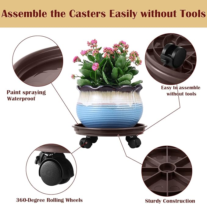 12 Packs Plant Caddy with Wheels 11.8" Plastic Rolling Plant Dolly Coasters Heavy-duty Wheeled Planter Mover Rollers Indoor Outdoor Wheeled Flower Pot Base Suacers with Casters, Brown