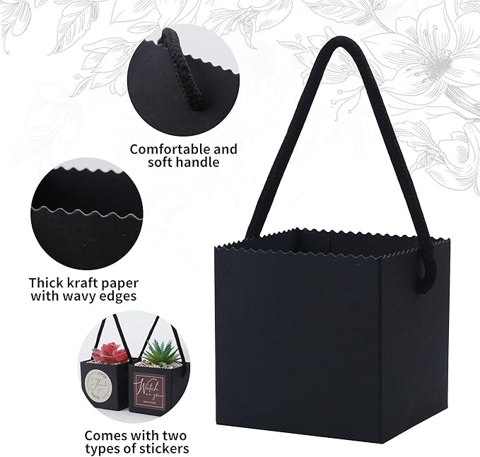 Temlum 2.5 Inch Succulent Wrap Bags (Fits 2.5″ Pots) with Thank You & Watch Me Grow Stickers, Small Gift Box for Wedding, Baby Shower, Succulent Party Favors for Guests (Black 40pcs)
