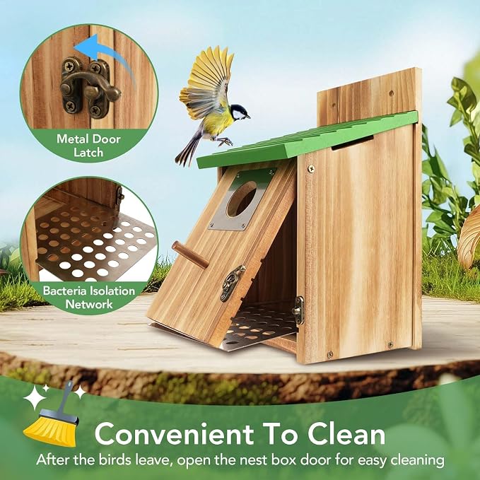 4 Pack Bird Houses for Outside - Cedar Bluebird Houses with Metal Predator Guard, Birdhouse for Wren Bluebirds Finches Swallows, Carbonized Wooden (Assembly Required)
