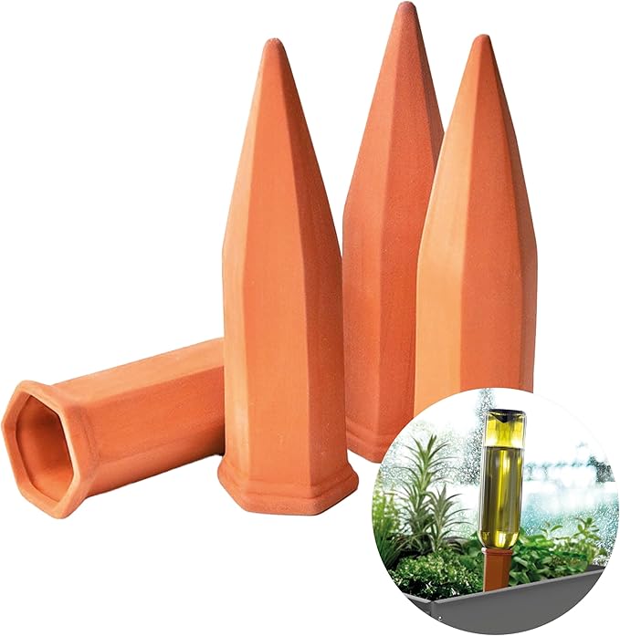 BioGreen Plant Self-Watering Stakes Hydro Wine | Irrigation Ø 19.6 inches | Clay Spikes for Wine-/PET-Bottles up to 3.1 Cups | Terracotta | 4 Pcs