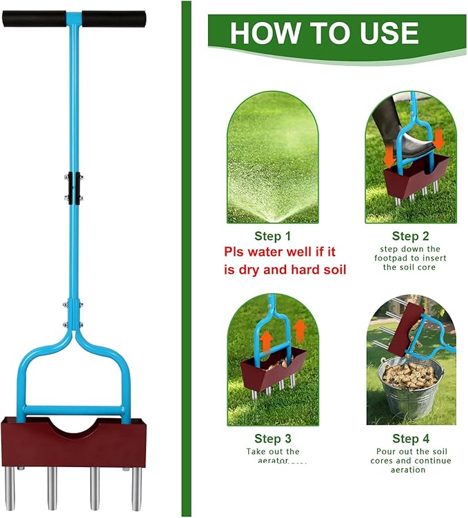 Aerator Lawn Tool with Larger Soil Core Storage Tray, 38” Height Core Aerator,Manual Aerator Lawn Tool,Lawn coring Aerator with 4 Stainless Tines,Grass Aerator for Lawn Care,Tool for Garden