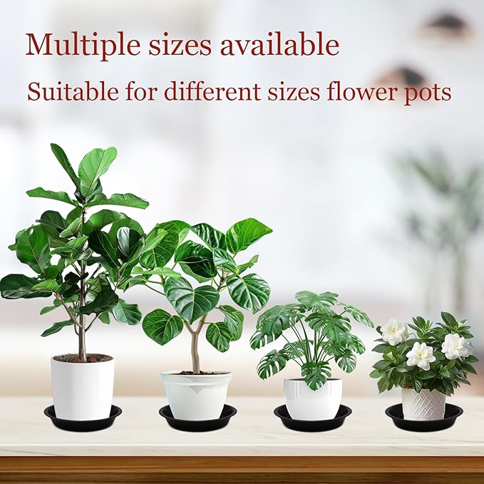 6pcs Black Plastic Plant Saucers (4 inch) - Heavy Duty Indoor Plant Trays for Pots with Water Drainage, Drip Catcher & Decor (Set of 6 Round Saucers)