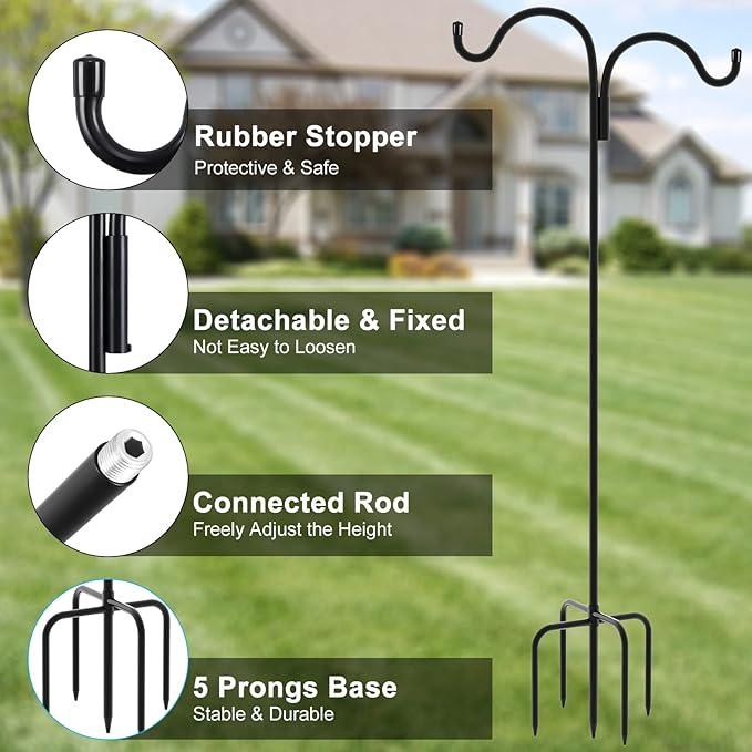 Gtongoko Double Shepherds Hook for Outdoor, 108 Inch Bird Feeder Pole with 5 Prongs Base, 5/8 Inch Thick Heavy Duty Adjustable Garden Hook for Hanging Plant, Lantern, Hummingbird Feeder, 1 Pack