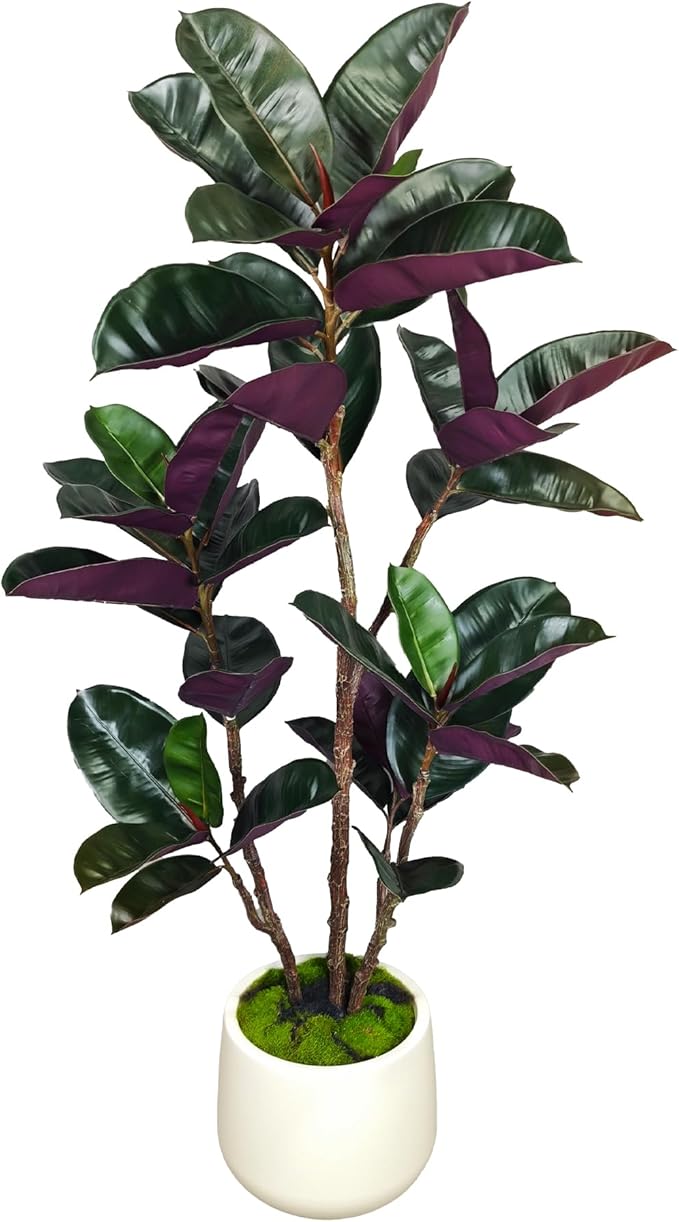 4.5FT Artificial Rubber Tree - 54.5 Inch Tall Fake Plant Indoor Faux Tree with Bendable Branches & Realistic Leaves, Faux Floor Plant for Home Office Decor in White Pot