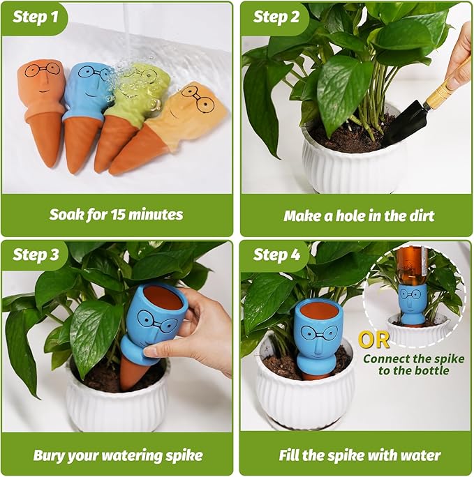 Terracotta Self Watering Spikes, 4 Pack Self Watering Planter Insert, Vacation Plant Slow Release Watering Devices for Indoor Outdoor Plants, Big Head