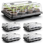 RooTrimmer 5 Pack 12 Cell Nursery Pot Trays with Adjustable Humidity Domes & 4 Inch Clear Pots 60 Pack, Sturdy Seed Starting Kit for Greenhouse Garden, Reusable Plant Growing Germination 5 Sets