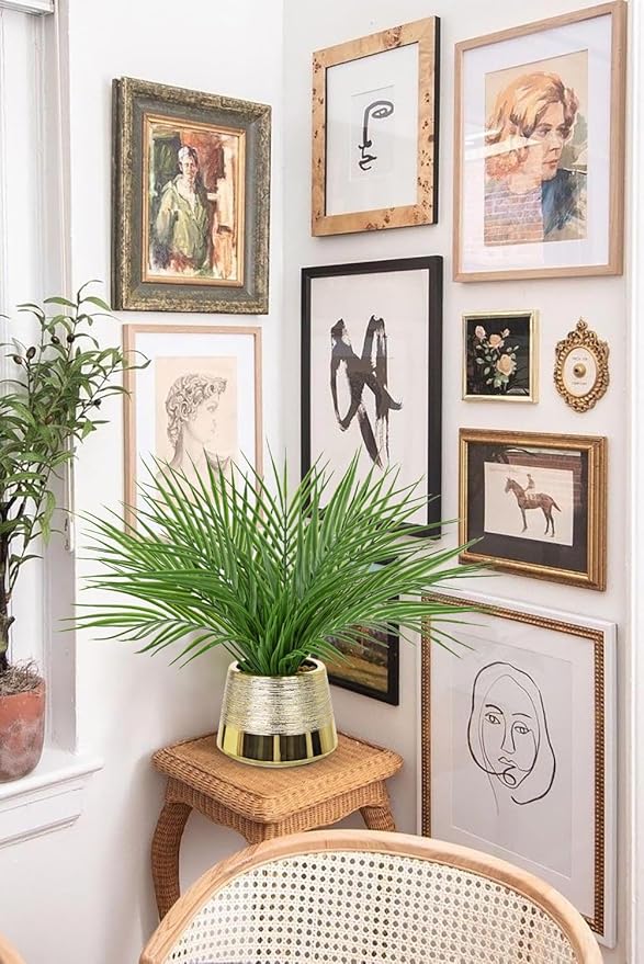 Briful Fake Plants Artificial Palm Leaf Plant in Gold Planter – 15’’ Tall Faux Tropical Greenery in Brushed Gold Pot for Modern Home Decor, Office Desk, Living Room, Shelf, Bathroom Decoration