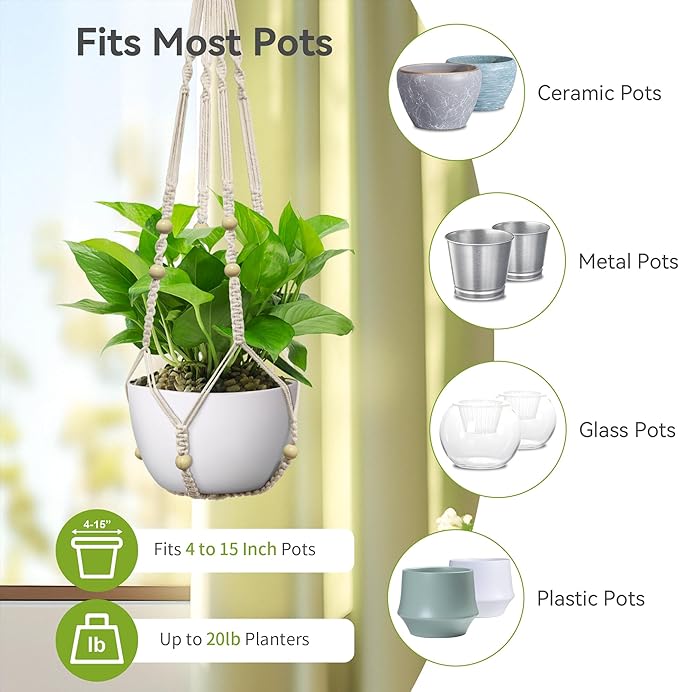 USLAI Macrame Plant Hanger Indoor Outdoor, Fits 4 to 15 Inch Pots, Strong Hanging Planter Holder, Boho Home Decor, 35 Inch, Ivory, Set of 2 (POTS NOT Included)