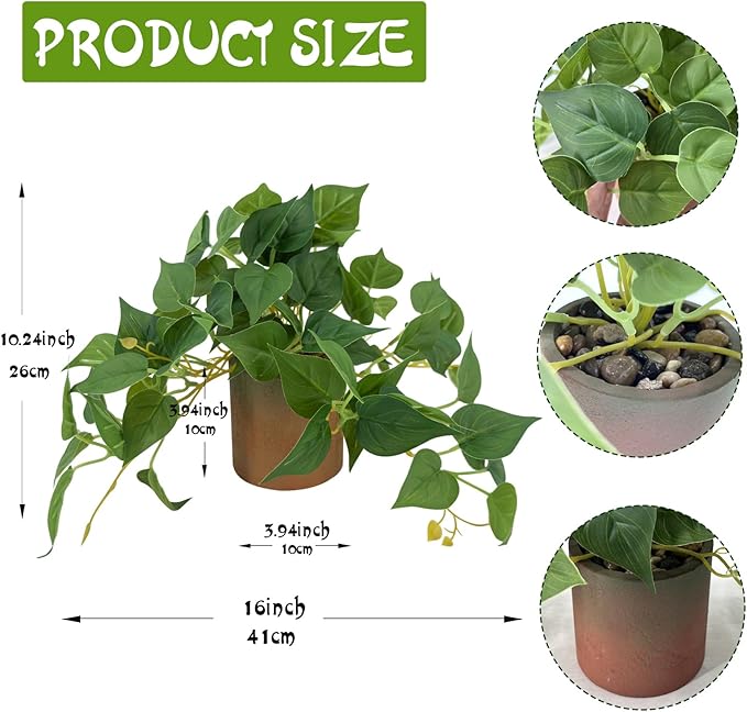 Artificial Plant Indoor Fake Pothos with Pulp Pot, Fuax Potted Plant for Home, Office, Desk, Shelf, Living Room, Bedroom&Balcony Décor (1)