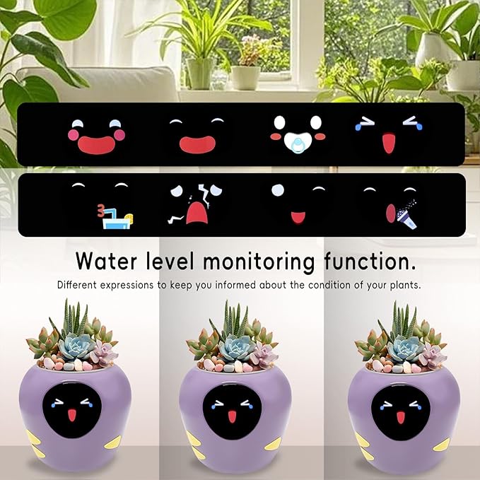 Smart Plant Pot with Expression, AI Intelligent Flower Pot for Indoor Decoration, Smart Garden Pot with Water/Light/Temperature Sensors, Ivy AI Planter (Purple（Big）)