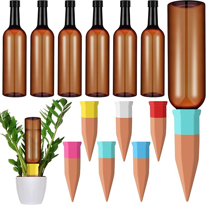 SiliFine 6 Sets Plant Watering Devices Include Terracotta Self Watering Spikes and 26 oz Plastic Bottles, Slow Release Vacation Insert Automatic Plant Waterer Device (Brown and Mixed Color)