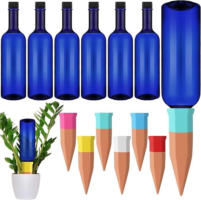 SiliFine 6 Sets Plant Watering Devices Include Terracotta Self Watering Spikes and 26 oz Plastic Bottles, Slow Release Vacation Insert Automatic Plant Waterer Device (Blue and Mixed Color)