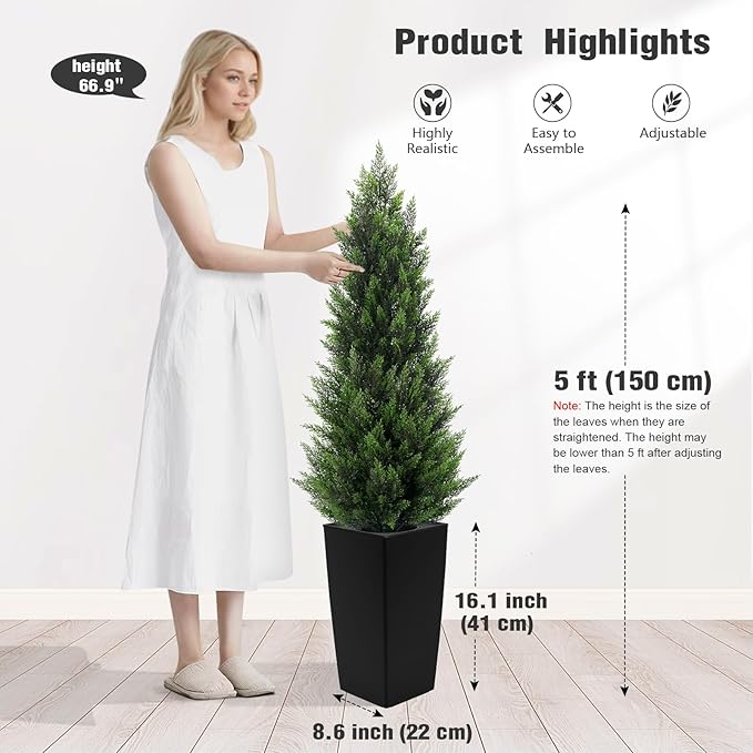 5FT Tall 2 Pack Artificial Cedar Topiary Trees with Compact Pyramidal Shape, Realistic Faux Cypress in Square Black Pot with Fillable Water Bag, Outdoor Evergreen for Front Porch Garden Home Decor