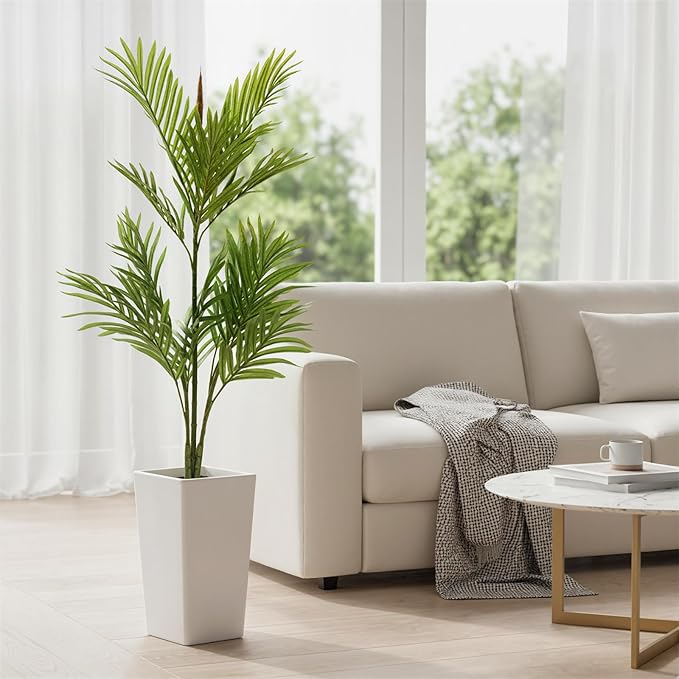 Artificial Palm Tree 4.5FT Tall, Faux Tropical Plant in White Tall Planter, Lifelike Potted Tree for Indoor Living Room, Bedroom, Home Office Decor