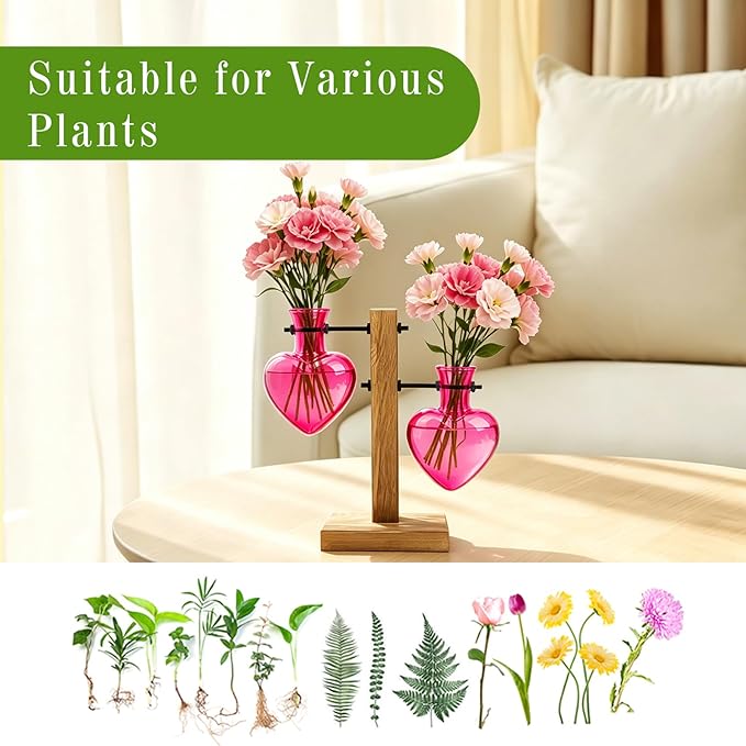 XXXFLOWER Plant Terrarium Propagation Station, Gifts for Mom Daughter Wife Plant Lover, Hydroponic Planter Bulb for Home Office Garden Decoration - 2 Pink Love Bulb Vase with Wooden Stand