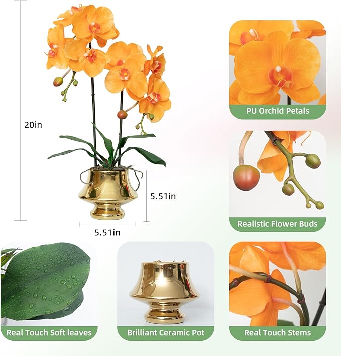 CXGS Orchids Artificial Flowers Realistic Fake Flowers in Ceramic Vase 20" Orange Faux Plants Indoor Lifelike Soft PU Phalaenopsis for Centerpiece Hotel Home Decor