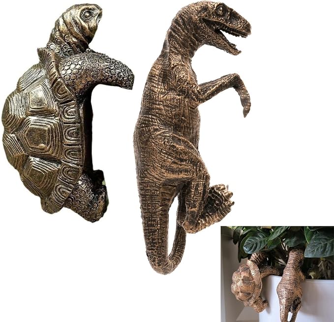 Tortoise Figure for Plant Pot Hanger, Dinosaur & Tortoise Pot Hanger- Cute Animal Shaped Pots, Plant Buddy Decorations for Outdoor Planters (Tortoise and Dinosaur)