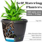 SUN-E 10 Inch Self Watering Planter Pots 3Pack-Dark Brown Realistic Wood Grain with Water Level Indicator, Drainage Holes&Saucer Whiskey Barrel Planters Plastic Flower Pots,Plants & Decor Not Included