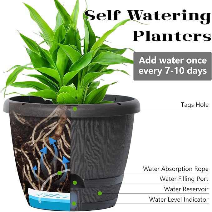 Sun-E 10 inch Plant Pots Self Watering Whiskey Barrel Planters with Drainage Hole&Saucer, Garden Home Indoor Outdoor Plants Pots, Planters for Indoor Plants, Gift Idea for Plant Lovers,Mixed Colors
