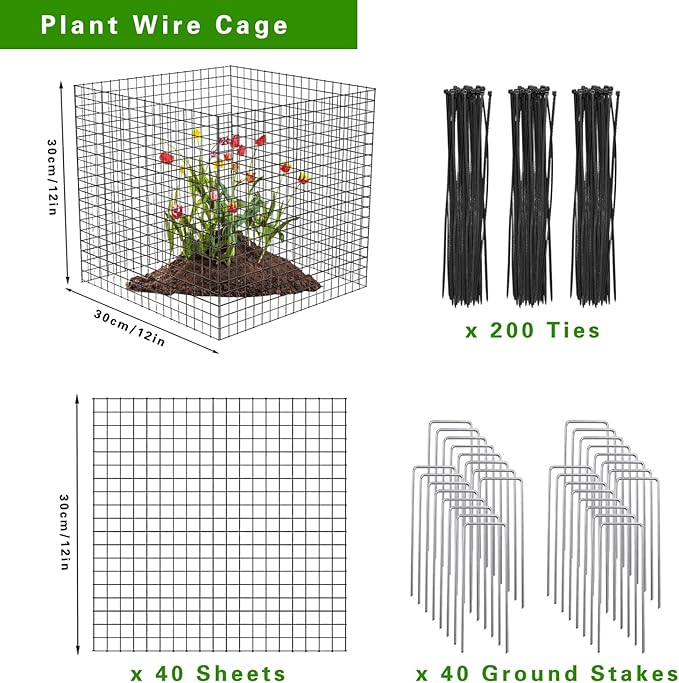 40 Pcs Plant Protector from Animals, 10 Pack 12'' x 12'' Reusable Metal Square Plant Cages, Wire Mesh Garden Cloches to Keep Rabbits, Squirrels and Chicken Out and Protection Vegetables Flowers Shrubs