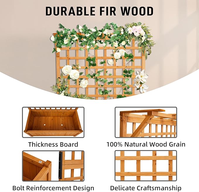 Outvita 72" H Outdoor Raised Garden Bed with Trellis & Roof, Wood Planter Box Equipped with Drainage for Vine Climbing Plants and Flowers Herbs in Balcony, Garden, Patio(Orange)