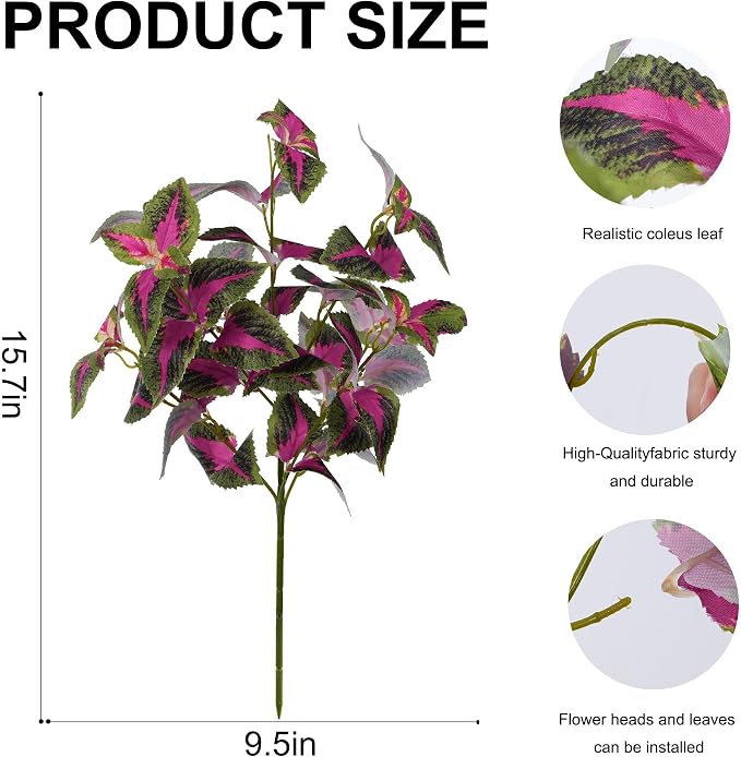 florisso Artificial Greenery Plants Outdoor, 5 Pcs Faux Coleus Plants UV Resistant Silk Plants with Stems, Fake Plants for Outside Garden Patio Hanging Planter Pathway Front Porch Decoration(Red)