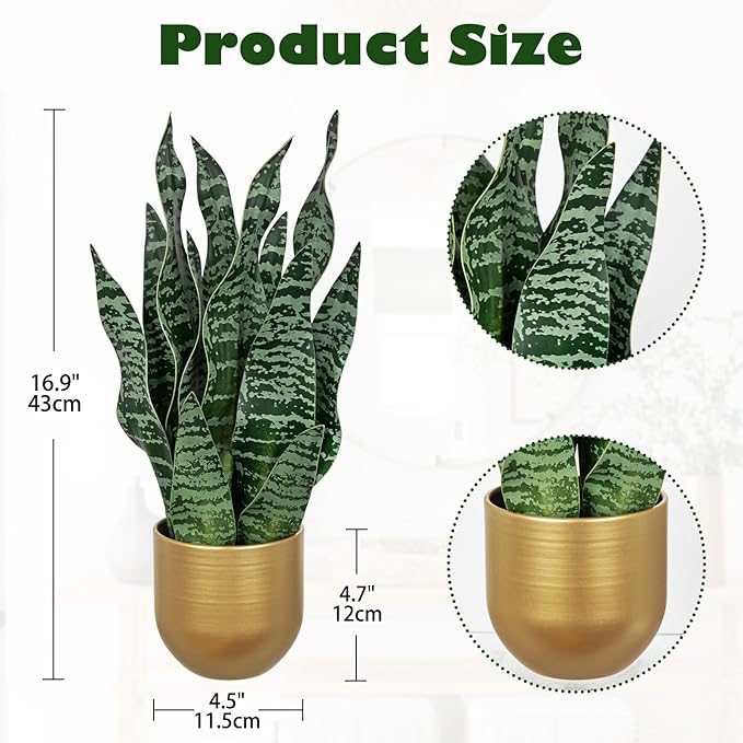 Hollyone Artificial Snake Plant Potted Faux Sansevieria Trifasciata Plants, 16.9" Tropical Mother in Law Tongue Fake Plants in Metal Gold Pots for Home Office Room Indoor Decor Housewarming Gifts