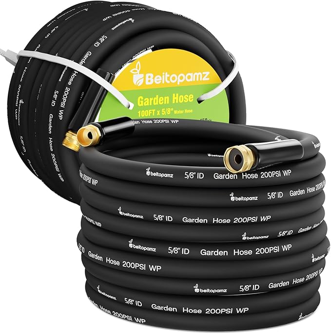 100 ft Garden Hose, 5/8 in Heavy Duty Water Hose, Flexible and Durable, Lightweight Rubber Hybrid Hose, Leak-Free Connections, Male to Female 3/4'' Brass Fittings for Patio, Lawn, Black