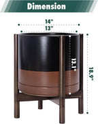 D'vine Dev Ceramic Planter with Walnut Color Stand - 14 Inch Modern Round Flower Pot with Wood Planter Holder, Black/Speckled Tan, 55-B-T-7