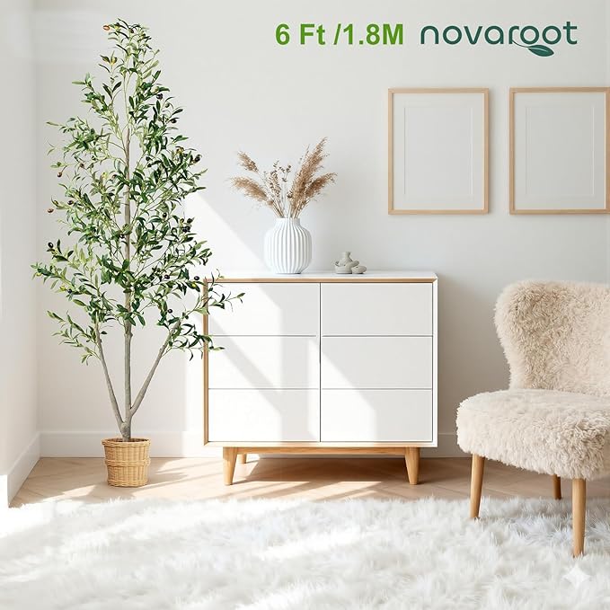 Olive Trees Artificial Indoor, 6FT Tall Faux Olive Tree with Moss and Planter, Artificial Plants Indoor with Natural Wood Trunk and Lifelike Fruits, Fake Tree for Home Office Living Room Decor