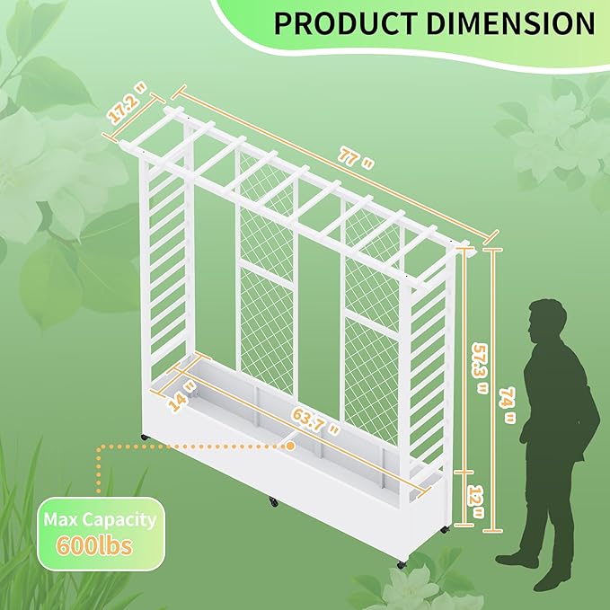 Raised Garden Bed with Trellis & Hanging Roof, Weatherproof Metal Planter Box with Wheels, Garden Arch Trellis for Outdoor Climbing Plants Vines Flowers, 74" H x 77" L x 17" W, White