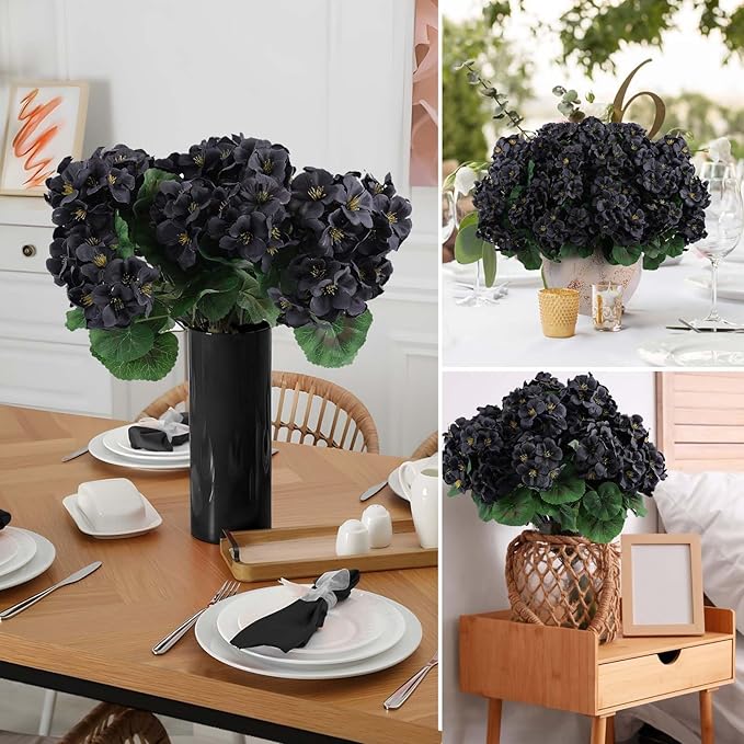 Hananona 6 Pcs Artificial Geranium Flowers for Outdoors Geranium Silk Flowers Outdoor UV Resistant Garden Plants Faux Black Flower for Home Kitchen Halloween Table Centerpieces Decor (6, Black)