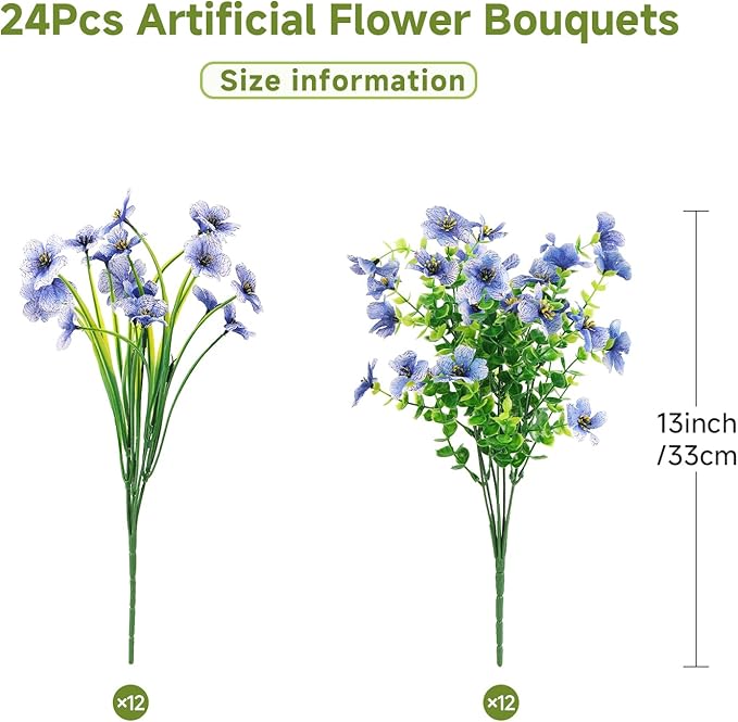 Alupssuc 24 Bundles Artificial Flowers for Outdoors Decoration, UV Resistant Silk Faux Daisy Flora Spring Fake Plastic Plants Greenery for Outside Indoor Yard Home Porch Window Box Decor, Blue